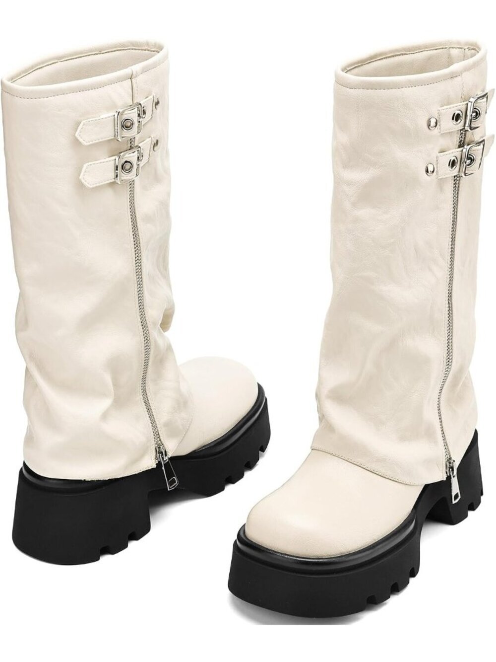 Women's White Faux Leather Knee High Moto Boots Wide Calf Platform Buckle Boots - Picture 5 of 6